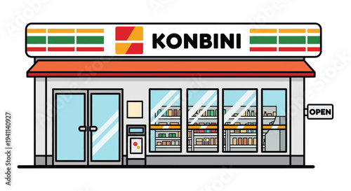Japanese Konbini Convenience Store Facade with Open Sign and Shelves