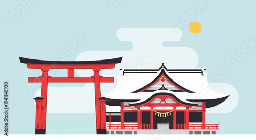 Japanese Shrine Torii Gate and Traditional Temple Building in Winter Snow