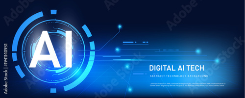 digital technology concept with glowing artificial intelligence  on blue futuristic background.