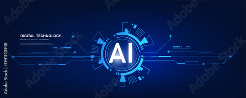 futuristic digital technology concept with glowing artificial intelligence  on blue  HUD background.