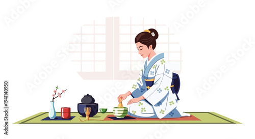 Japanese Woman Performing Traditional Tea Ceremony