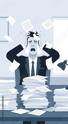 Overwhelmed businessman drowning in paperwork, stress and burnout at work