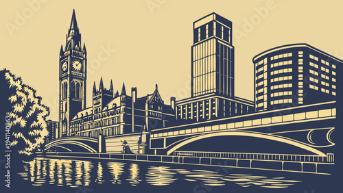 Manchester Skyline at Dusk with River Reflection Long Exposure Photography