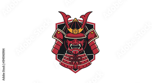 Red Samurai Warrior Mask and Armor Emblem - Japanese Warrior Icon