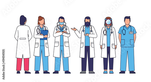 Diverse team of six medical professionals standing together wearing lab coats and scrubs