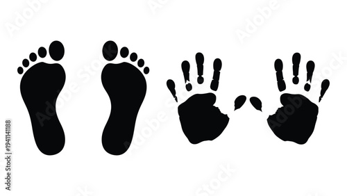 Black footprints and handprints in a row