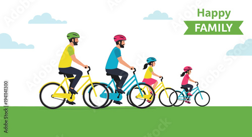 Happy family of four enjoying a pleasant bicycle ride outdoors together on a sunny day