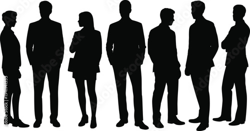 Professional collection of black silhouettes of business men and women standing in formal suits isolated on white background for corporate team vector design