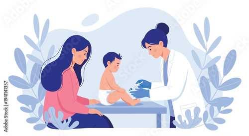 Pediatrician administers a necessary vaccine injection to a young child with mother present for support