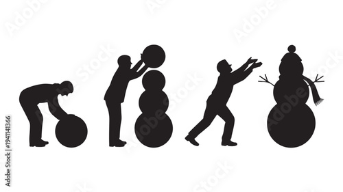 Snowman Building Process Silhouette Vector Illustration Isolated on White