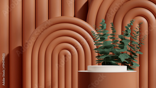 brown color curved cylinder in landscape boho arch, 3d image render scene mockup