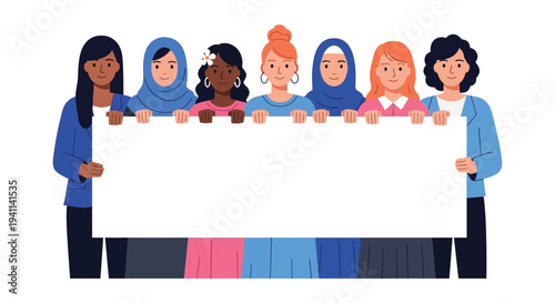 A diverse group of women from various backgrounds holding a blank banner for your message.