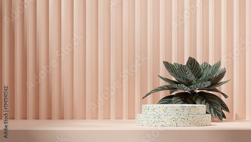 curved wall, 3d render blank mockup terrazzo texture curved cylinder in landscape