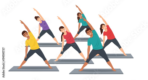Diverse group of happy people practicing extended side angle yoga pose together in a class