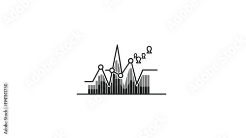 Complex line art icon displaying a multi-layered graph with bar and line charts, data points, and person icons, indicating social or demographic trends.