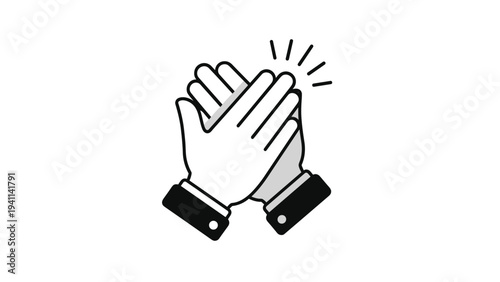 Bold black and white icon of two hands clapping together with starbursts, symbolizing applause, congratulations, enthusiasm, or celebration.