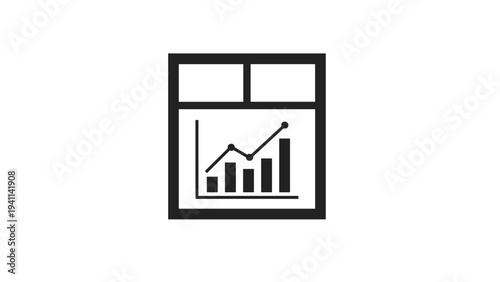 Black and white icon of a browser window or document displaying an upward-trending bar and line graph, representing data visualization or online analytics.
