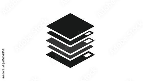 Grayscale icon displaying multiple layered square-like sheets, symbolizing stacked documents, organized data, or a multi-layered structure.