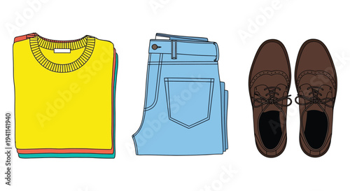Colorful illustration displaying a neatly folded stack of sweaters, blue jeans, and classic brown leather shoes.