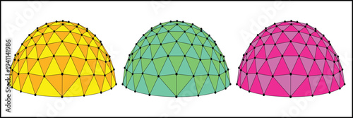 Colorful Geodesic Dome Wireframe Set in Yellow Blue and Pink