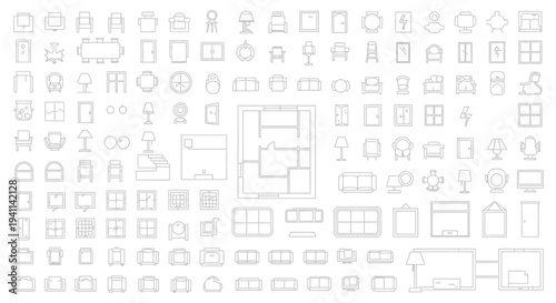 minimalist line art icons of furniture and architectural elements for floor plans and interior design ideal for graphic resources
