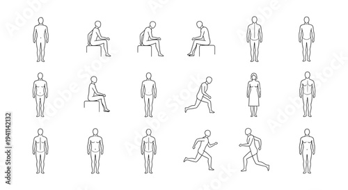 human body line art icons demonstrating various postures and movements for health and ergonomic illustrations