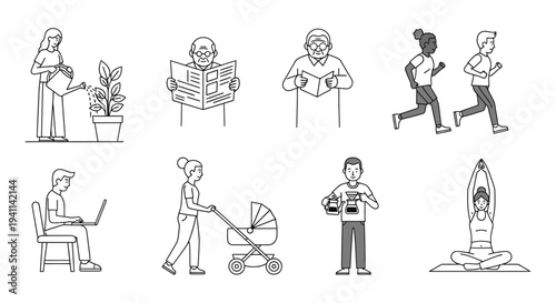 everyday life activities and routines diverse people engaging in hobbies exercise work and relaxation.