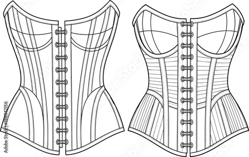 Technical Vector Fashion Sketch of a Female Corset with Intricate Boning Details Front and Back Views for Underwear and Lingerie Design