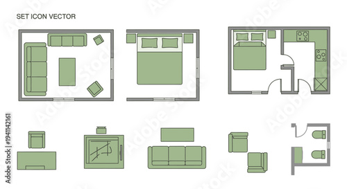 set icon vector illustrating various room floor plans and furniture layouts for home design and architectural projects