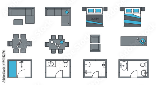 top view floor plan icons illustrating modern furniture and room layouts for architectural design and interior planning projects