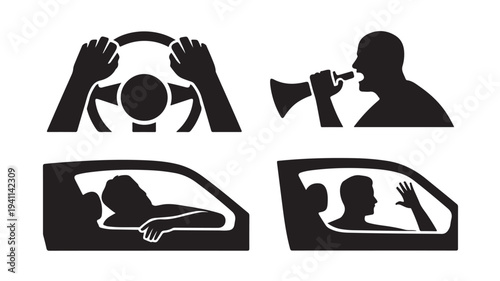Driver Actions Icons Set Steering Wheel, Megaphone, Waving Hand and and Arm Out Window, Isolated on White