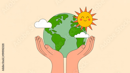 Hands holding earth with smiling sun and clouds symbolizing environmental care and sustainability efforts with gentle touch