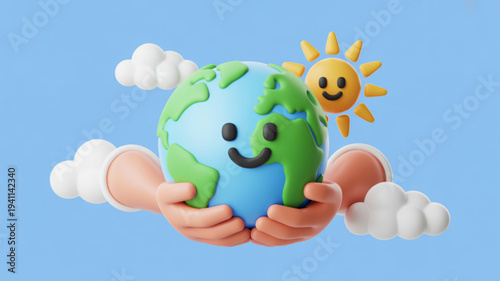 Smiling earth globe held by hands with sun and clouds on blue background symbolizing environmental care and sustainability