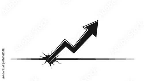 Black and white icon depicting a zigzag arrow breaking through a horizontal line and pointing upward, symbolizing breakthrough growth or overcoming obstacles.