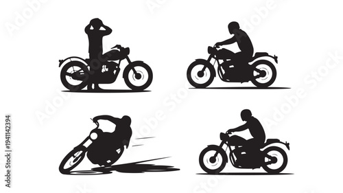 Classic Motorcycle Riders Silhouettes Set Isolated on White Background