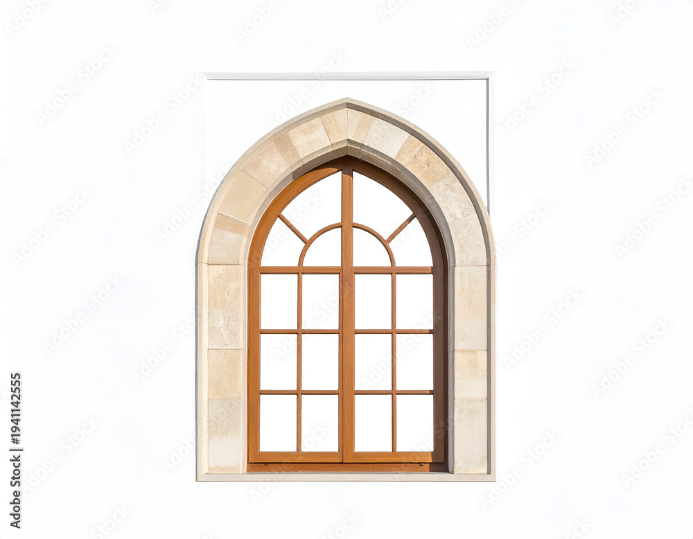 Obraz premium Arched wooden paneled window framed by stone on white background