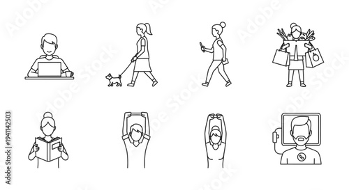 minimalist line art icons depicting daily activities remote work leisure shopping fitness and virtual communication modern lifestyle.