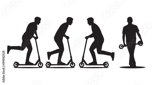 Kick Scooter Rider Silhouettes Pushing and Standing Isolated on White