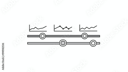 Linear design icon featuring multiple data graphs positioned above horizontal sliders, illustrating data analysis, parameter control, or interactive charting tools.