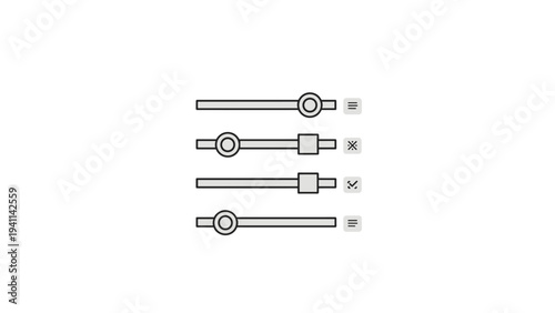 Linear design icon depicting multiple horizontal sliders with various control icons, representing user interface adjustments, application settings, or preference customization.
