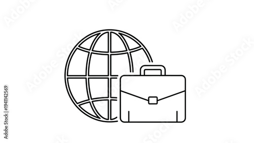 Linear design icon of a globe accompanied by a briefcase, representing global business, international trade, worldwide careers, or professional travel.