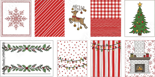 Christmas elements and borders: snowflakes, reindeer, tree, fireplace