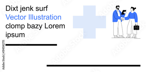 Business, healthcare, partnership, communication, teamwork, corporate collaboration. Two people shaking hands near a medical cross. Business and healthcare partnership concept