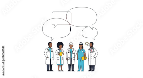 Diverse group of medical professionals engaging in collaborative discussion symbolized by speech bubbles