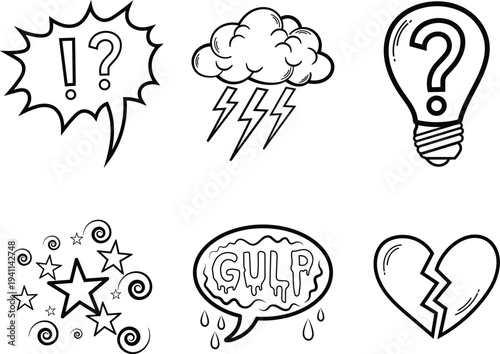 Collection of Hand-Drawn Icons: Questions, Storms, Ideas, Stars, Gulp, and Broken Heart