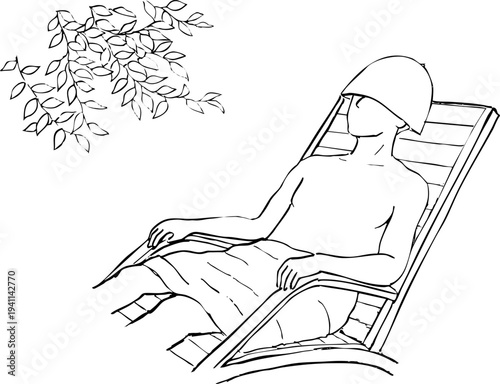 サウナ後の外気浴　自然の中で休憩する男性の手描きペン画イラスト