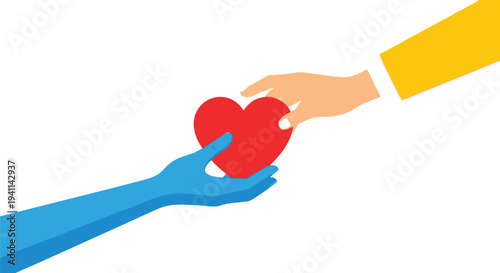 Illustration depicting two hands one blue one normal color exchanging a bright red heart symbol