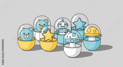 Cute Gachapon Toys: Teddy Bears, Robot, Mushroom, Star in Capsules