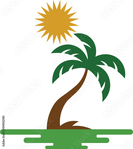 Stylized Tropical Palm Tree Under a Bright Yellow Sun on a Green Island