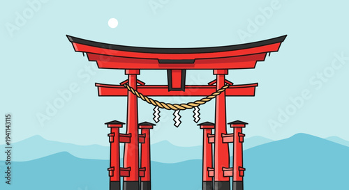 Red Torii Gate in Japan with Mountains and Sun